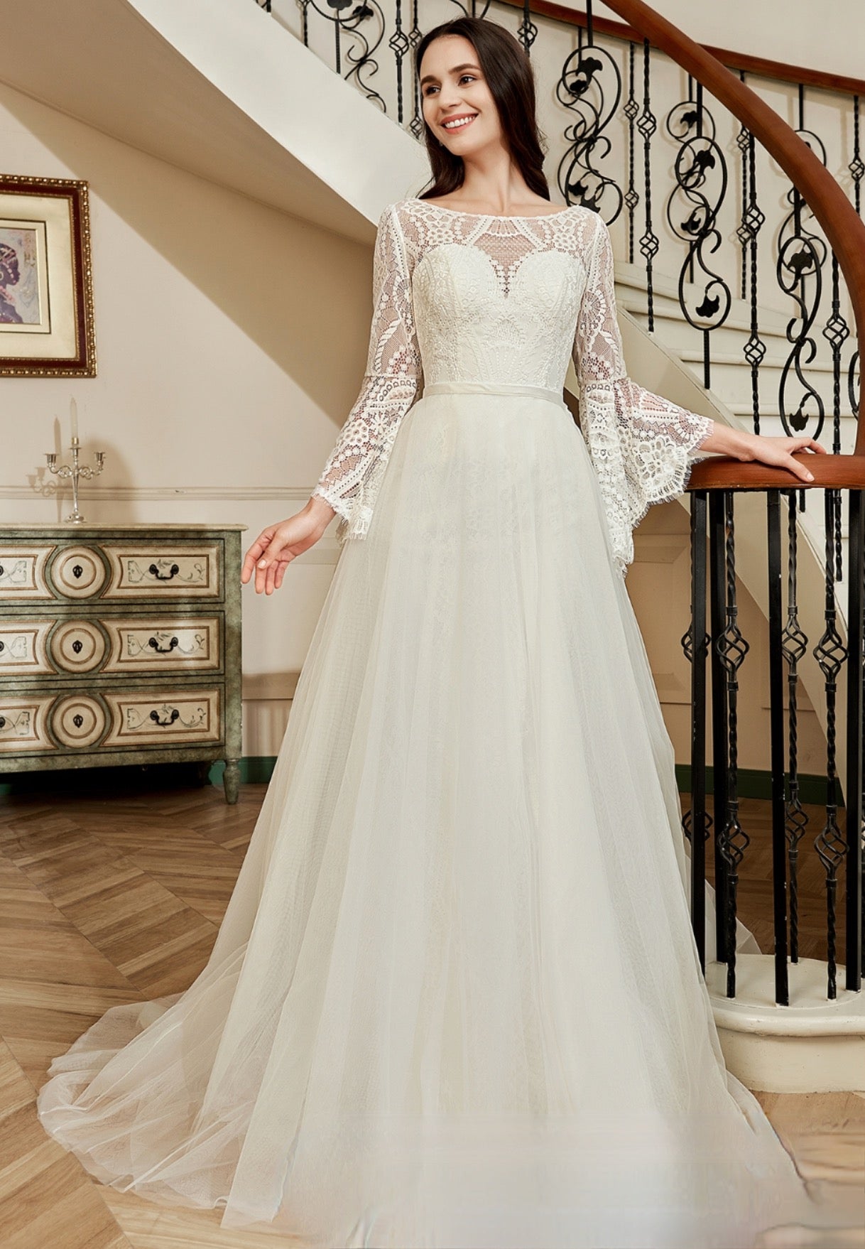 Wedding Dress Illusion Neckline With Removable Overskirt