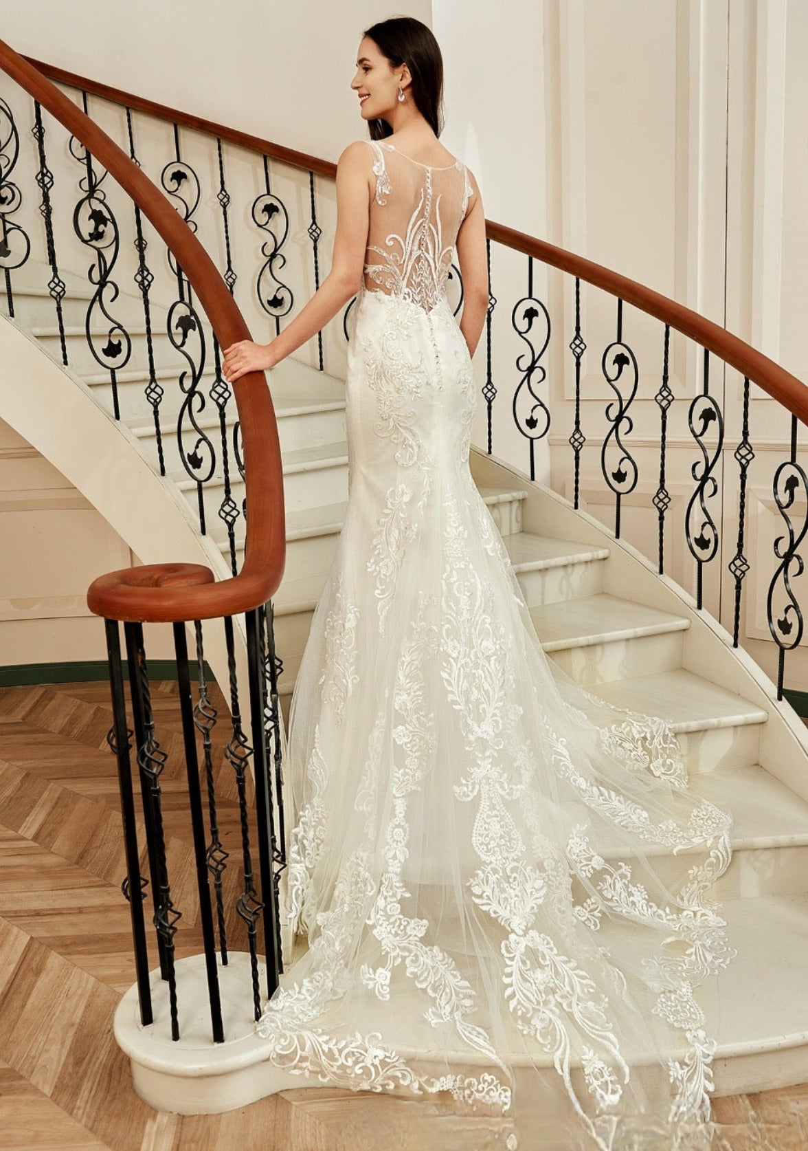 Wedding Dress Illusion Back With Long Lace Tulle Train