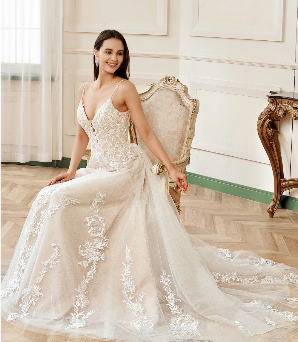 Wedding Dress Blush V-Neck Flower Lace A-Line Bridal Gown