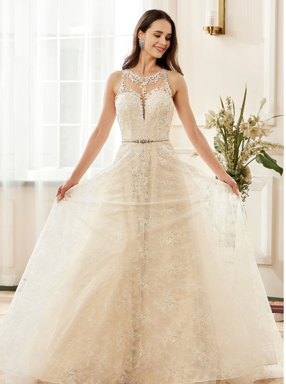 Wedding Dress Illusion Halter Neckline Lace Bridal Gown