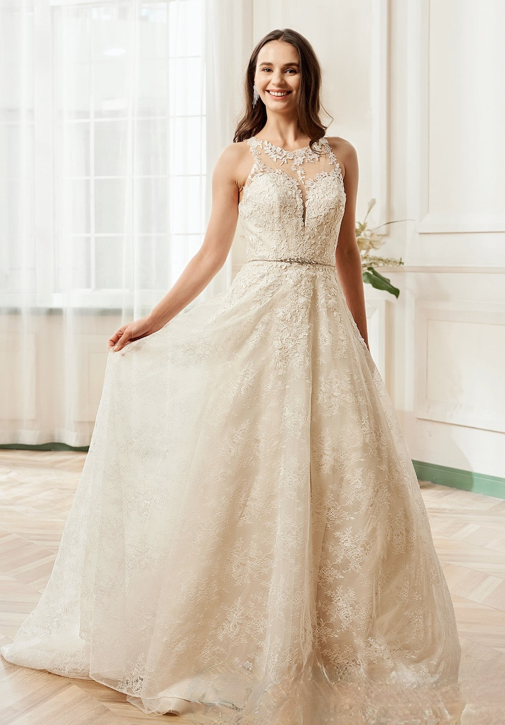 Wedding Dress Illusion Halter Neckline Lace Bridal Gown