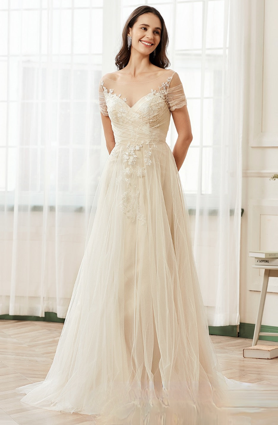 Wedding Dress Off The Shoulder Illusion Pleated Bodice Tulle