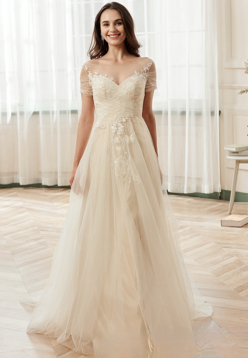 Wedding Dress Off The Shoulder Illusion Pleated Bodice Tulle