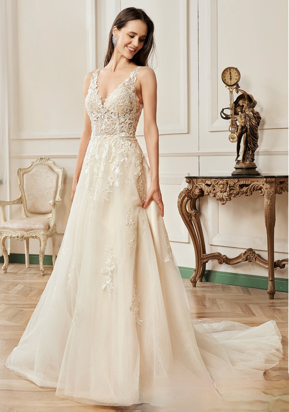 Wedding Dress V-Neckline A-Line Lace Straps Bridal Gown