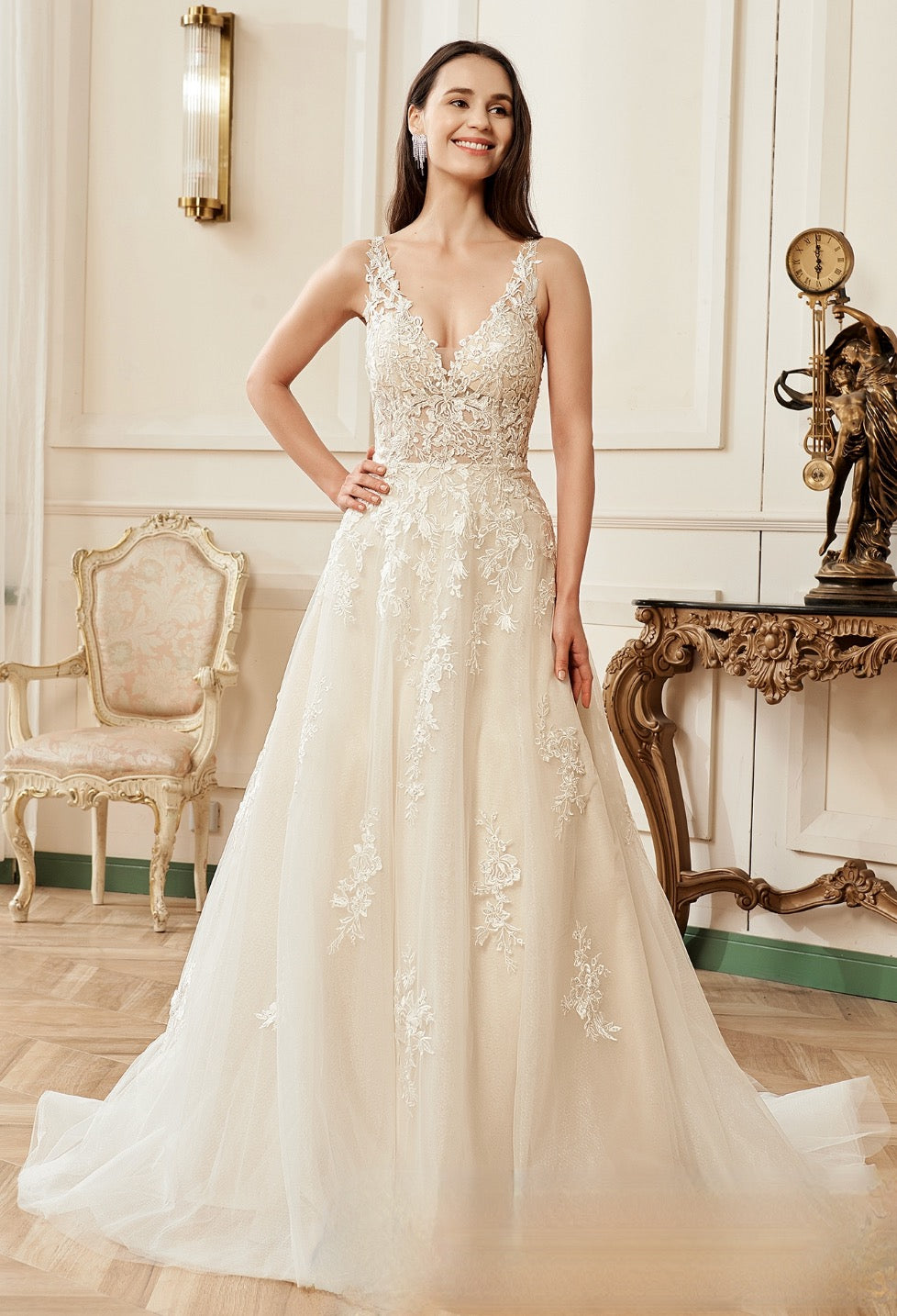 Wedding Dress V-Neckline A-Line Lace Straps Bridal Gown