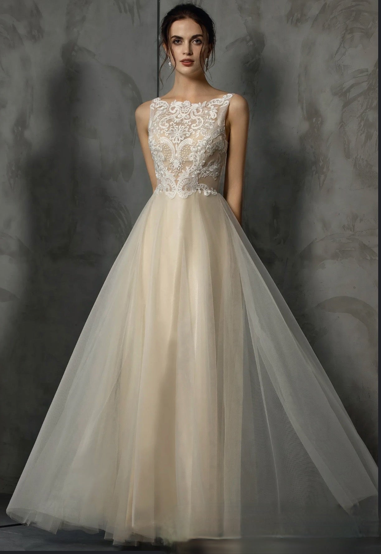 Frosted Lace Wedding Dress A-Line Tulle Illusion Back Bridal Gown, the bridal gown is accented by a bateau, gorgeous neckline and frosted lace