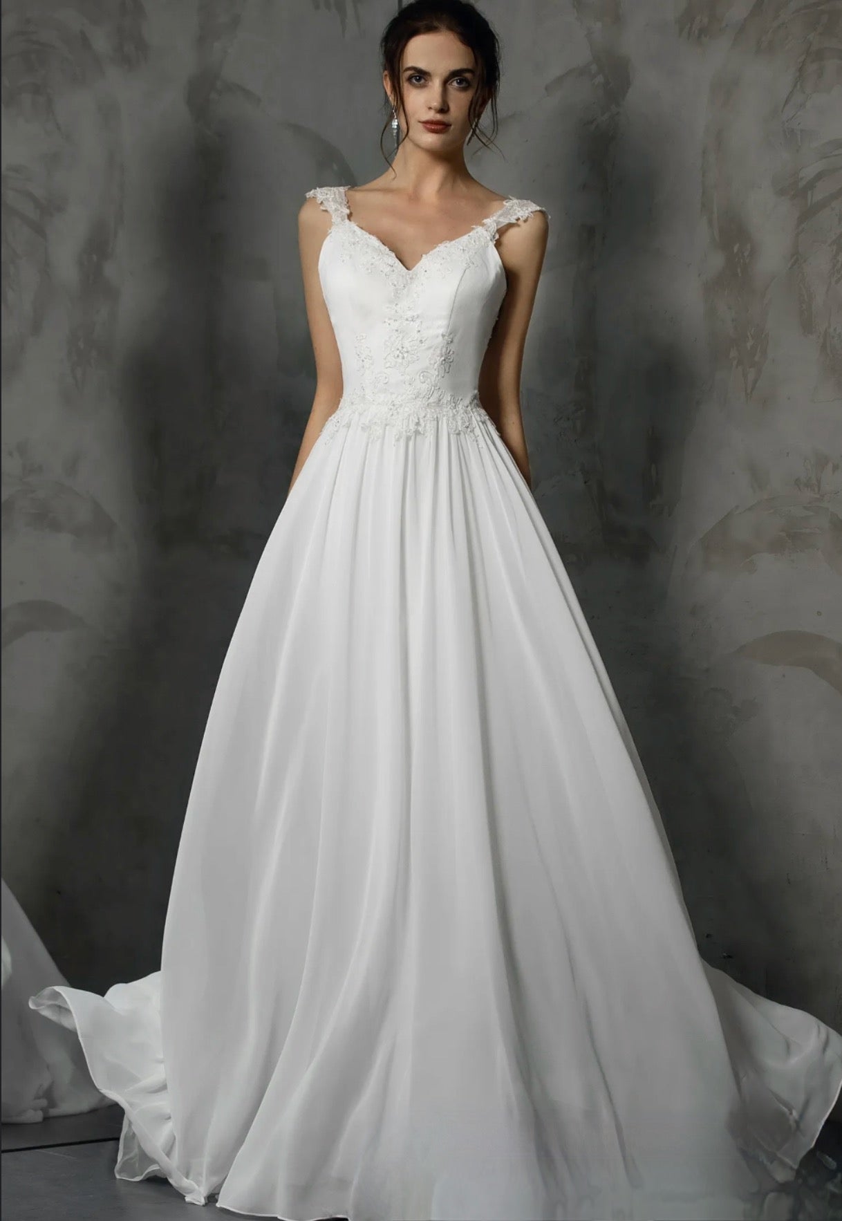 Chiffon Tulle Wedding Dress A Line Lace Bridal Gown, this wedding dress features stunning V neckline with an A-line silhouette 