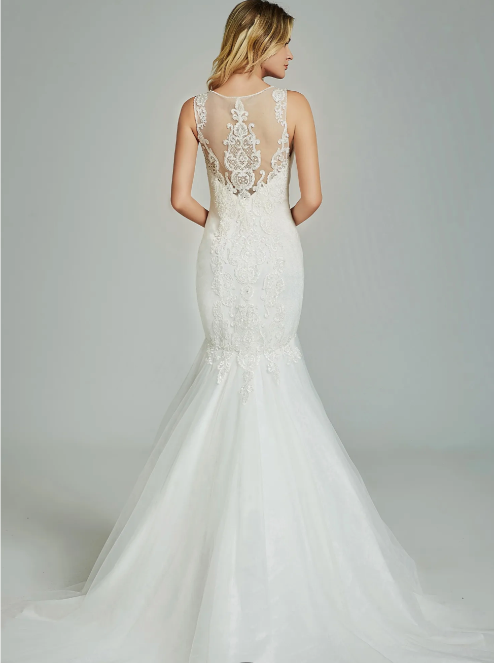 Satin Wedding Dress Mermaid Tulle Illusion Back Bridal Gown, this bridal gown features frosted, embroidered appliqués on a net mermaid s