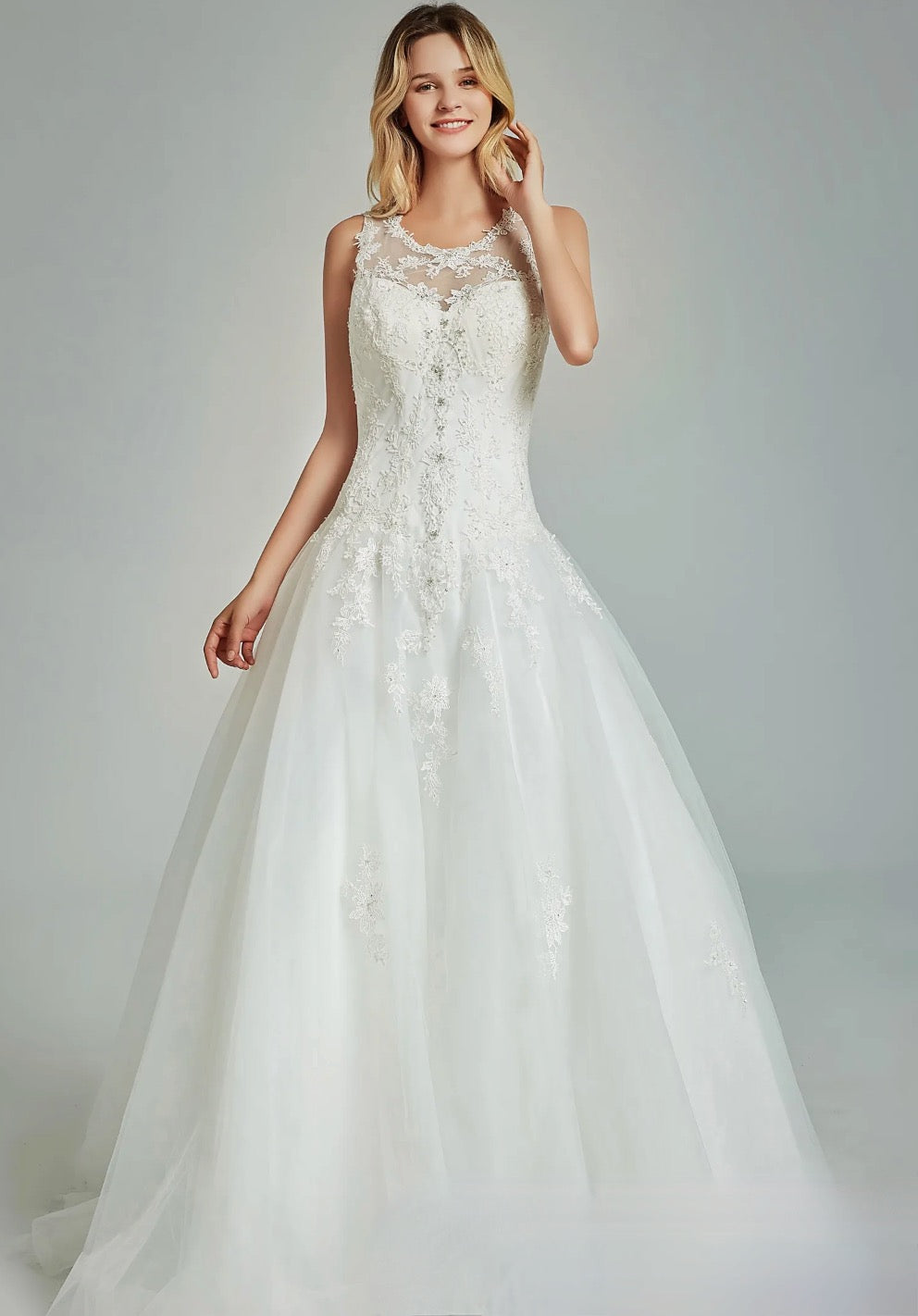 Lace Wedding Dress Conservative Tulle Bridal Gown With Sweep Train, this conservative bridal gown features a lace scoop neckline 