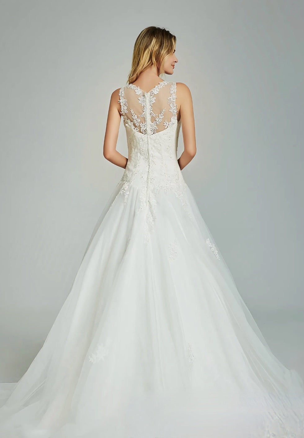 Lace Wedding Dress Conservative Tulle Bridal Gown With Sweep Train, this conservative bridal gown features a lace scoop neckline 