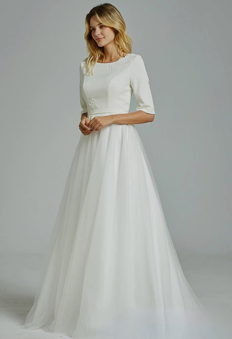 Crepe Lace Wedding Dress A Line Bridal Gown With Court Train,  the simple ivory crepe bodice wedding dress with exquisite floral lace is anything but ordinary