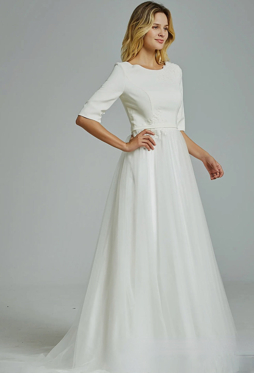 Crepe Lace Wedding Dress A Line Bridal Gown With Court Train,  the simple ivory crepe bodice wedding dress with exquisite floral lace is anything but ordinary