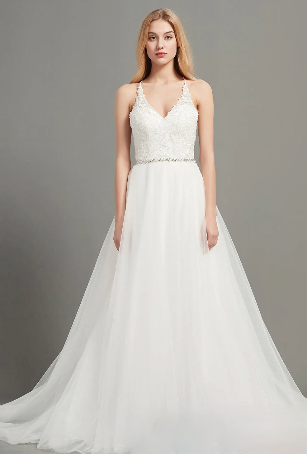 Satin Wedding Dress Lace Tulle A Line Beaded Bridal Gown With Train, Light and romantic, our wedding gown features a V-neck bodice accented a delicate crystal beaded 