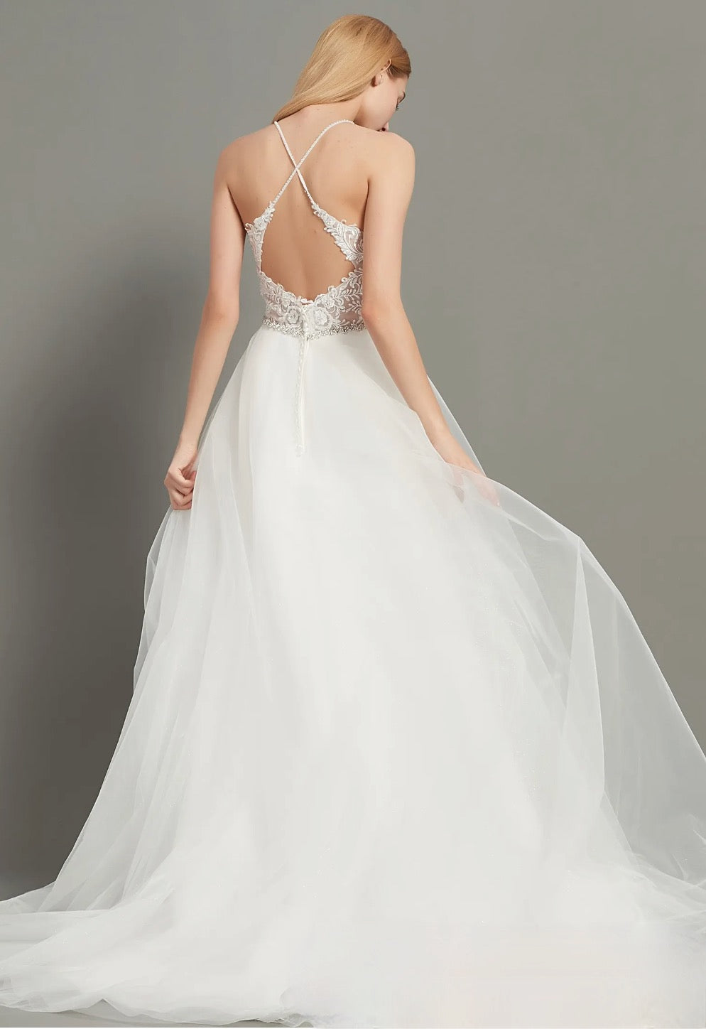 Satin Wedding Dress Lace Tulle A Line Beaded Bridal Gown With Train, Light and romantic, our wedding gown features a V-neck bodice accented a delicate crystal beaded 