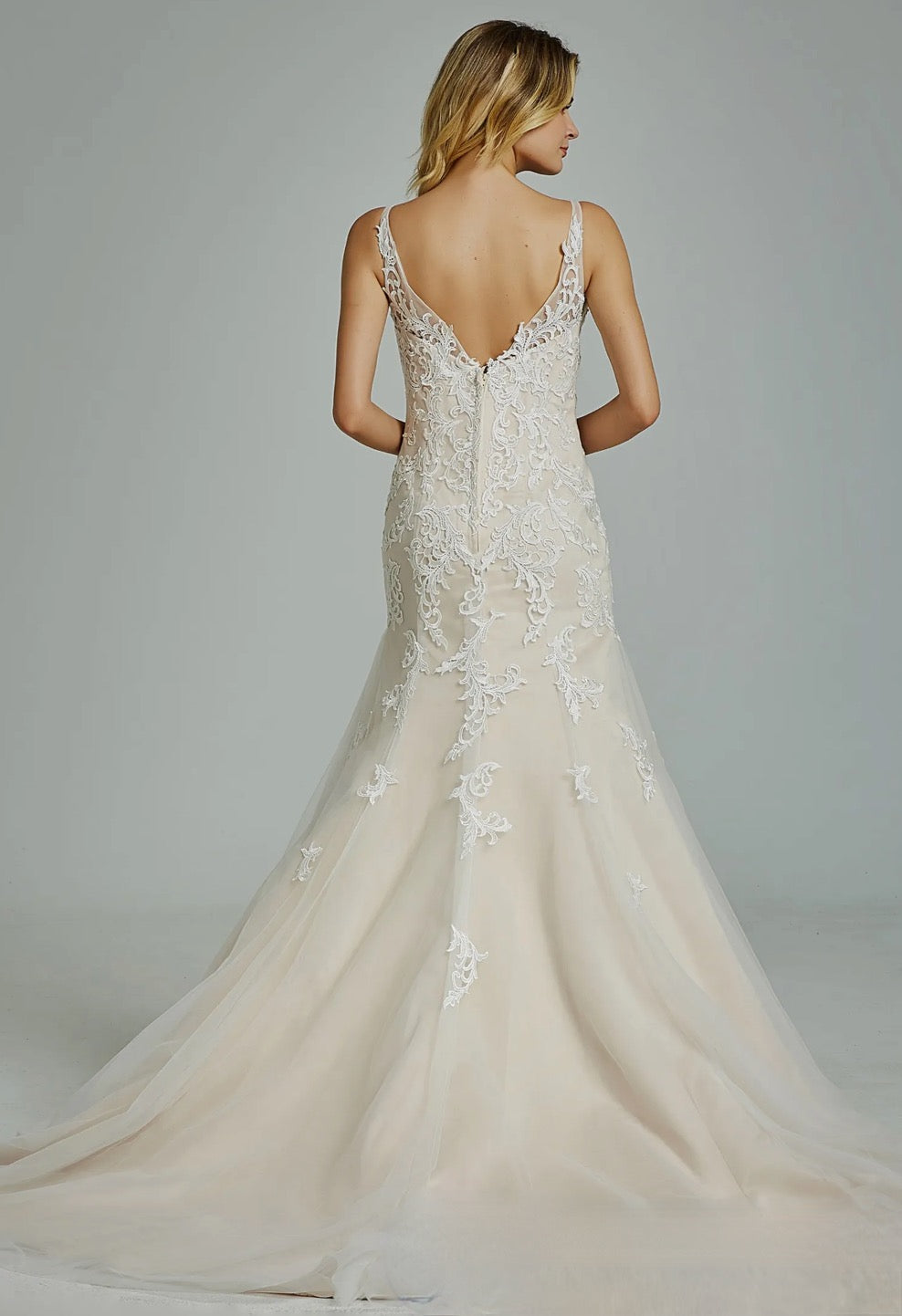 Fit & Flare Satin Wedding Dress Tulle A Line Bridal Gown With Train, a classic fit and flare bridal gown, featuring gorgeous appliques lace on the bodice with  sexy open back 