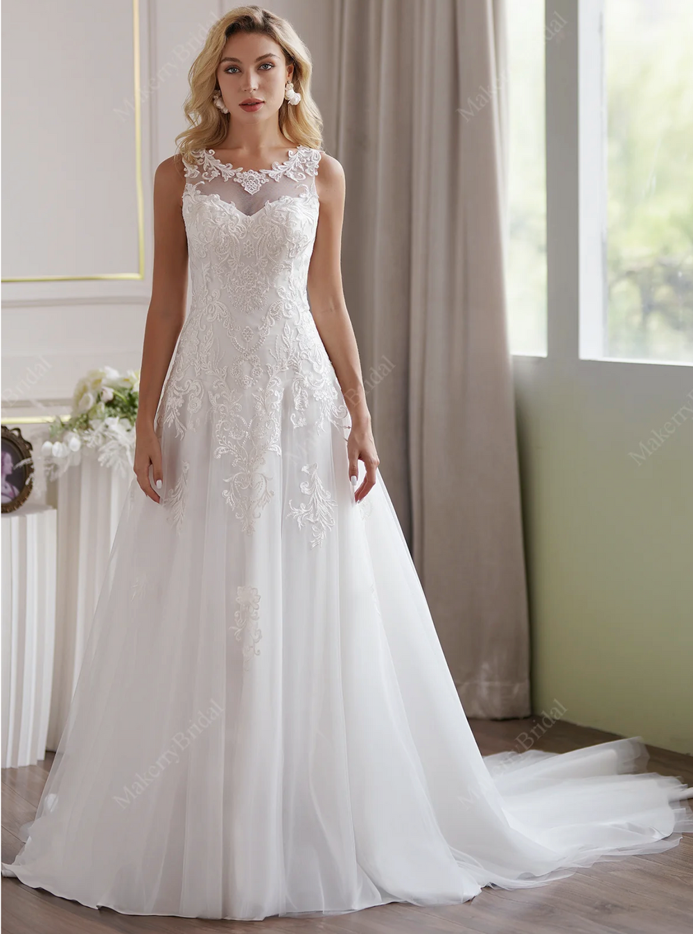 a line illusion neckline wedding dress Sample Sale