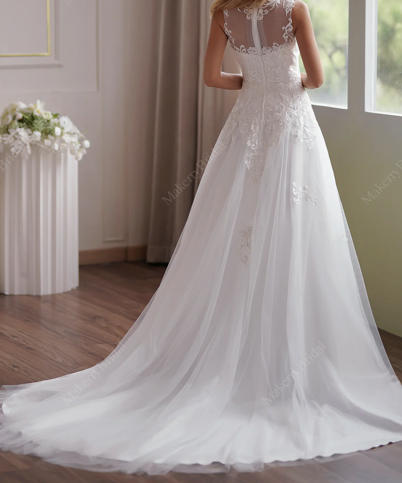 Wedding Dress Tulle A-Line Wedding Dress Illusion Neckline Gown, This is a delicate and romantic wedding dress with a lovely illusion neckline and soft tulle skirt
