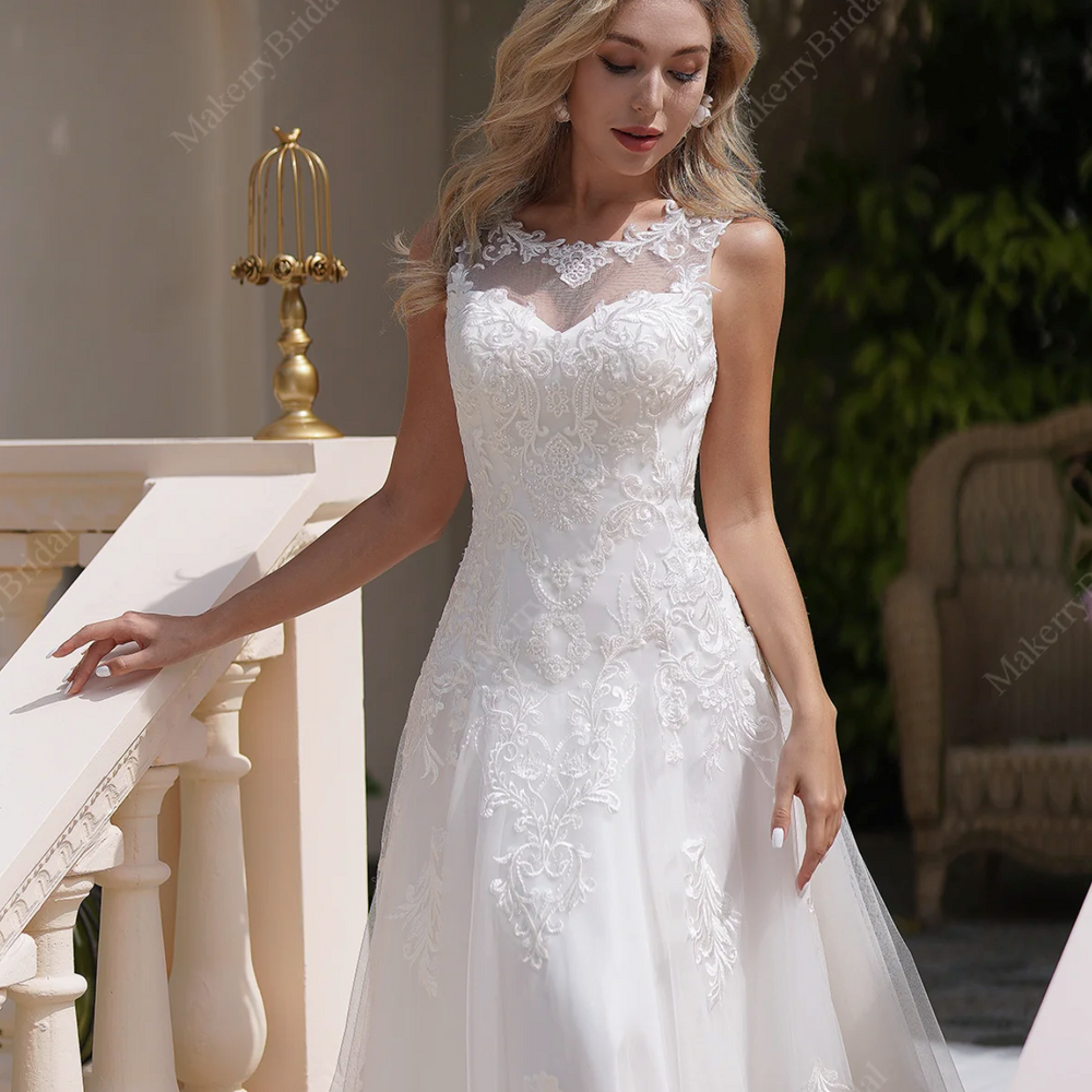 a line wedding dress illusion neckline A-line Wedding Dress with Illusion Neckline