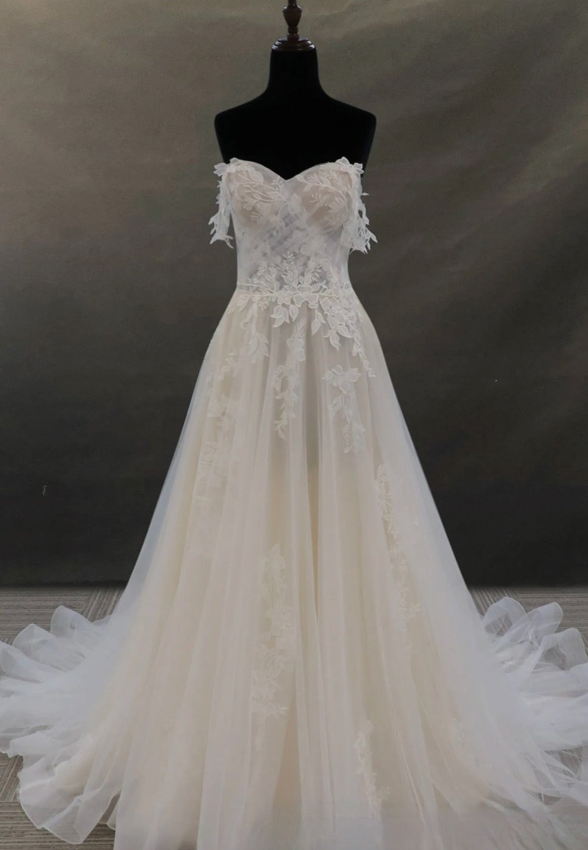 Swiss Tulle Wedding Dress Lace Satin Bridal A Line Gown, the unique gathers of the tulle fabric throughout the A-line silhouette,