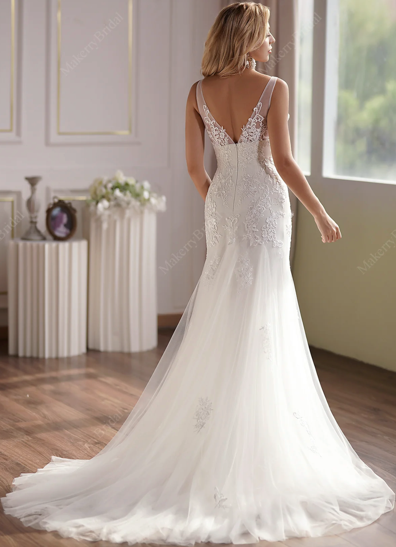 Wedding Dress Lace Tulle Plunge Neck Mermaid Bridal Gown, Elegant swirls of lace embroidery coat the bodice of this fitted silhouette