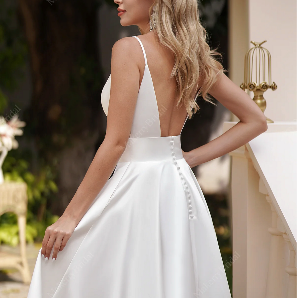 short satin wedding dress Off Shoulder Sleeve A-Line Simple TANYA BRIDAL sweetheart neck Wedding Dress Short Satin Bridal