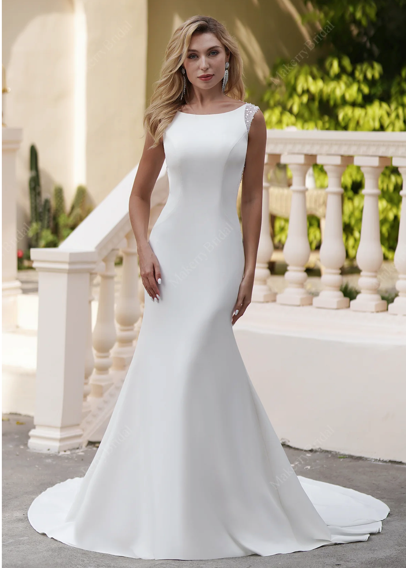 Wedding Dress Satin Backless Bridal Gown With Train, This elegant wedding dress features a simple silhouette with sheer beaded backless and is simply sexy
