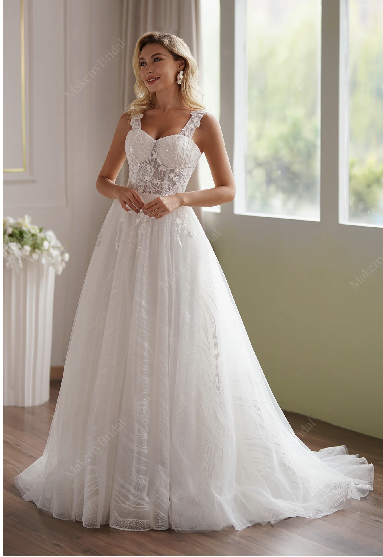 Wedding Dress Satin Lace A-Line Lace Off-Shoulder Bridal Gown, Bring the romance and elegance to the limit! this glamorous wedding dress with shimmery sequined underlay 