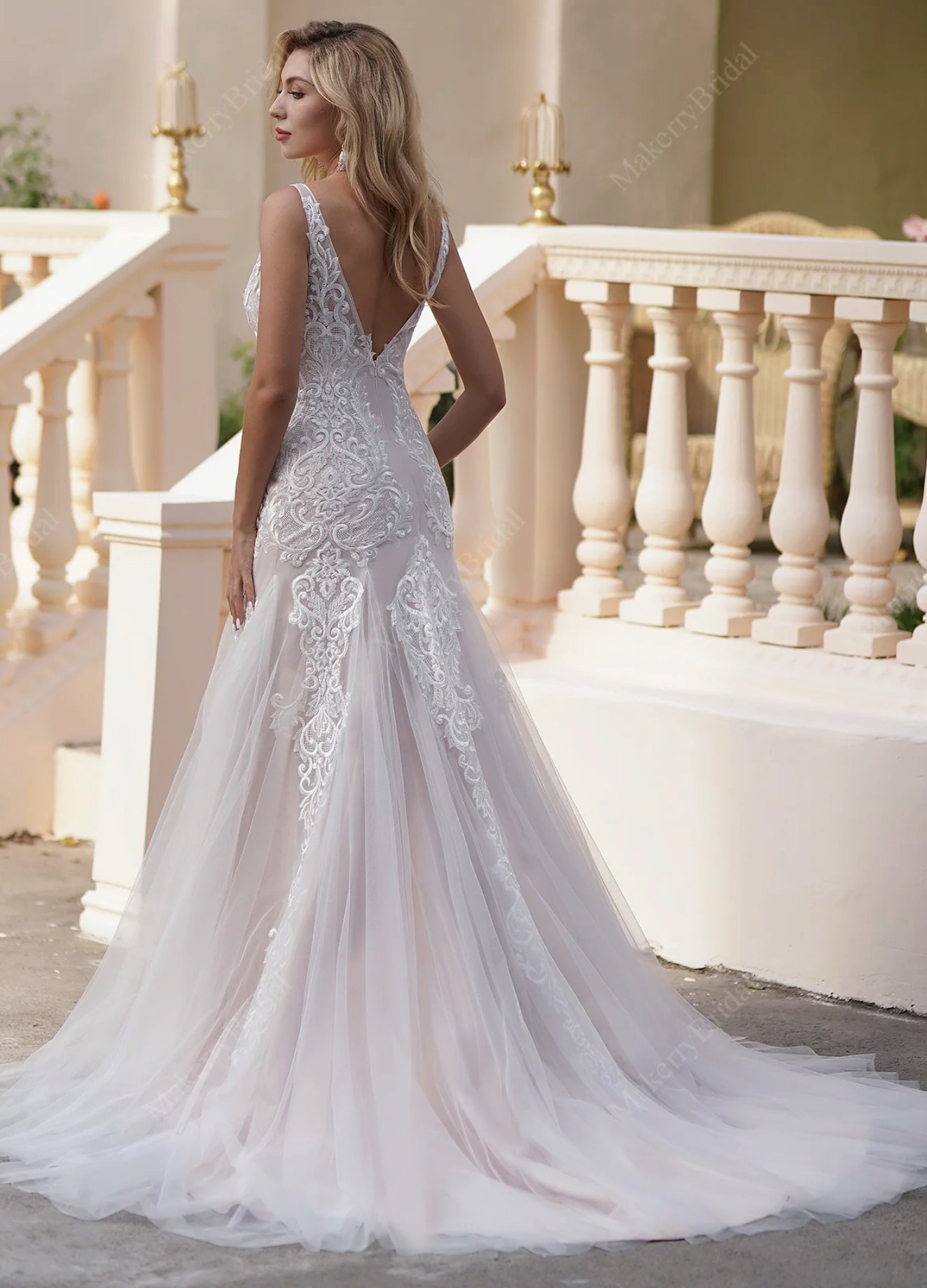 Wedding Dress Scalloped Pink Lace Satin Tulle Mermaid Bridal Gown, Bring the romance and elegance to the limit! this glamorous wedding dress w