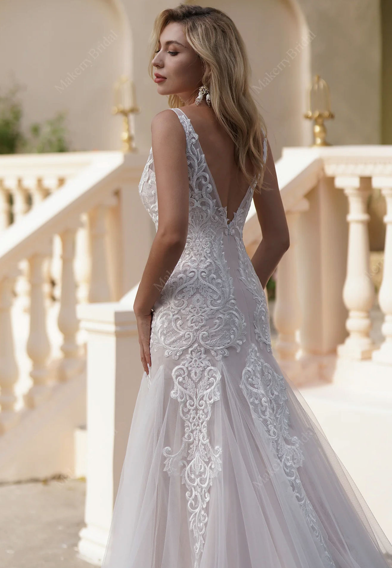 Wedding Dress Scalloped Pink Lace Satin Mermaid Bridal Gown Ivory/Ivory / 12 Wedding Dress Scalloped Pink Lace Satin Mermaid Bridal Gown Ivory/Ivory / 12