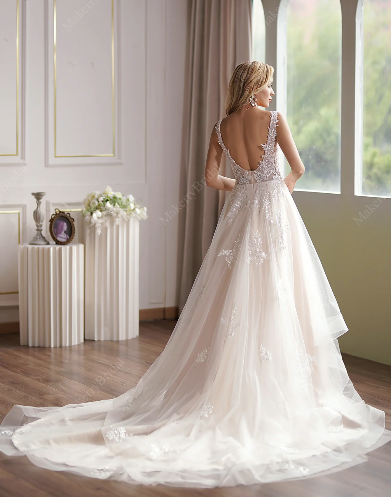 Wedding Dress Satin Tulle Illusion Lace Sleeveless Bridal Gown, Traditional with a touch of trend, this wedding dress features a sheer V-neck bodice 