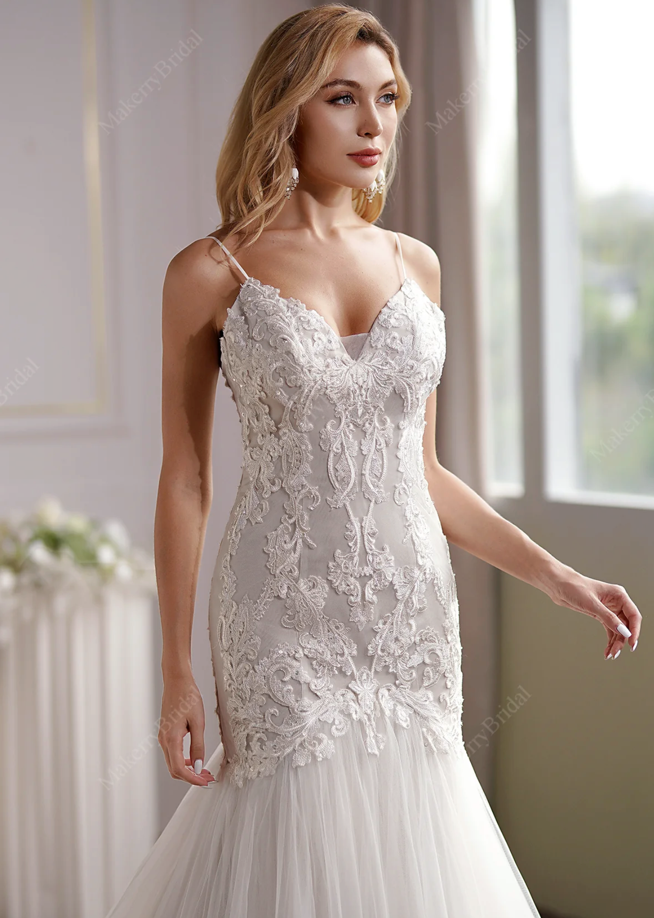 low back beaded wedding dresses Strappy Low Back Plunge Neckline Beaded Floral Lace Trumpet Wedding Dress Kai