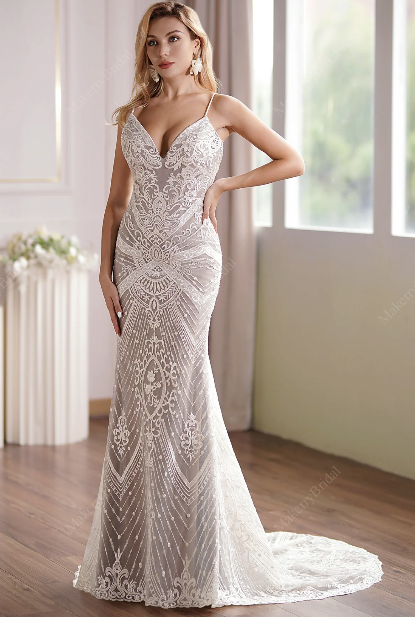Wedding Dress Lace Tulle Bridal Gown With Plunging Neckline, Vintage glamour and modern luxe blend effortlessly in this gown. Swathed in beautifully linear lace