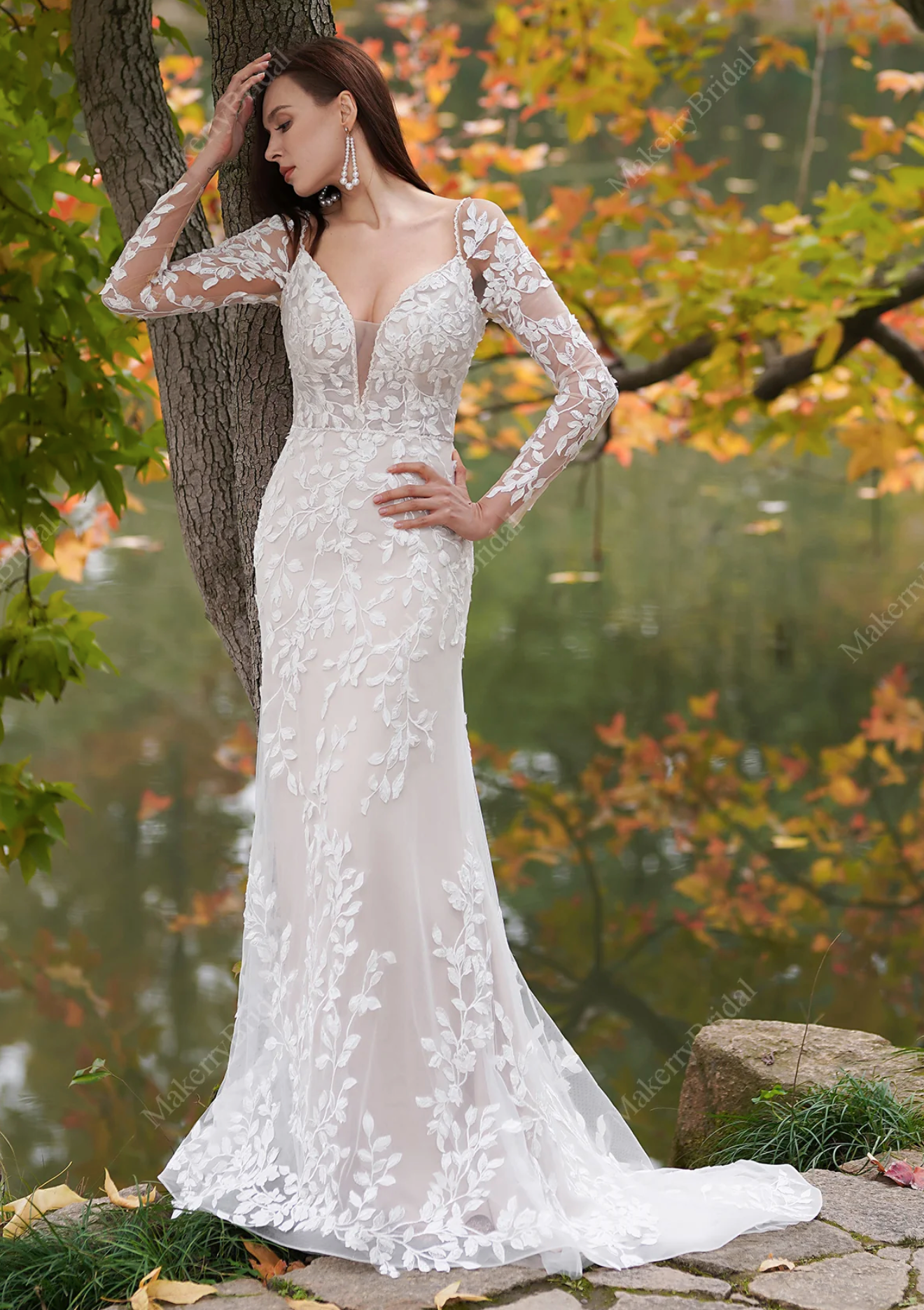 Wedding Dress 3D Lace Hand Beaded Bridal Gown With Sleeves, This gown is adorned with romantic details, featuring a plunging demi-sheer illusion neckline