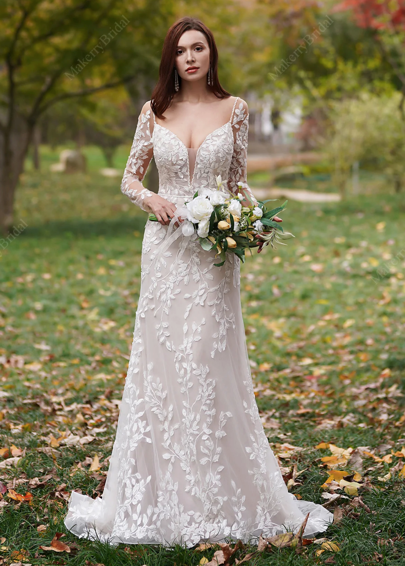 Wedding Dress 3D Lace Hand Beaded Bridal Gown With Sleeves, This gown is adorned with romantic details, featuring a plunging demi-sheer illusion neckline