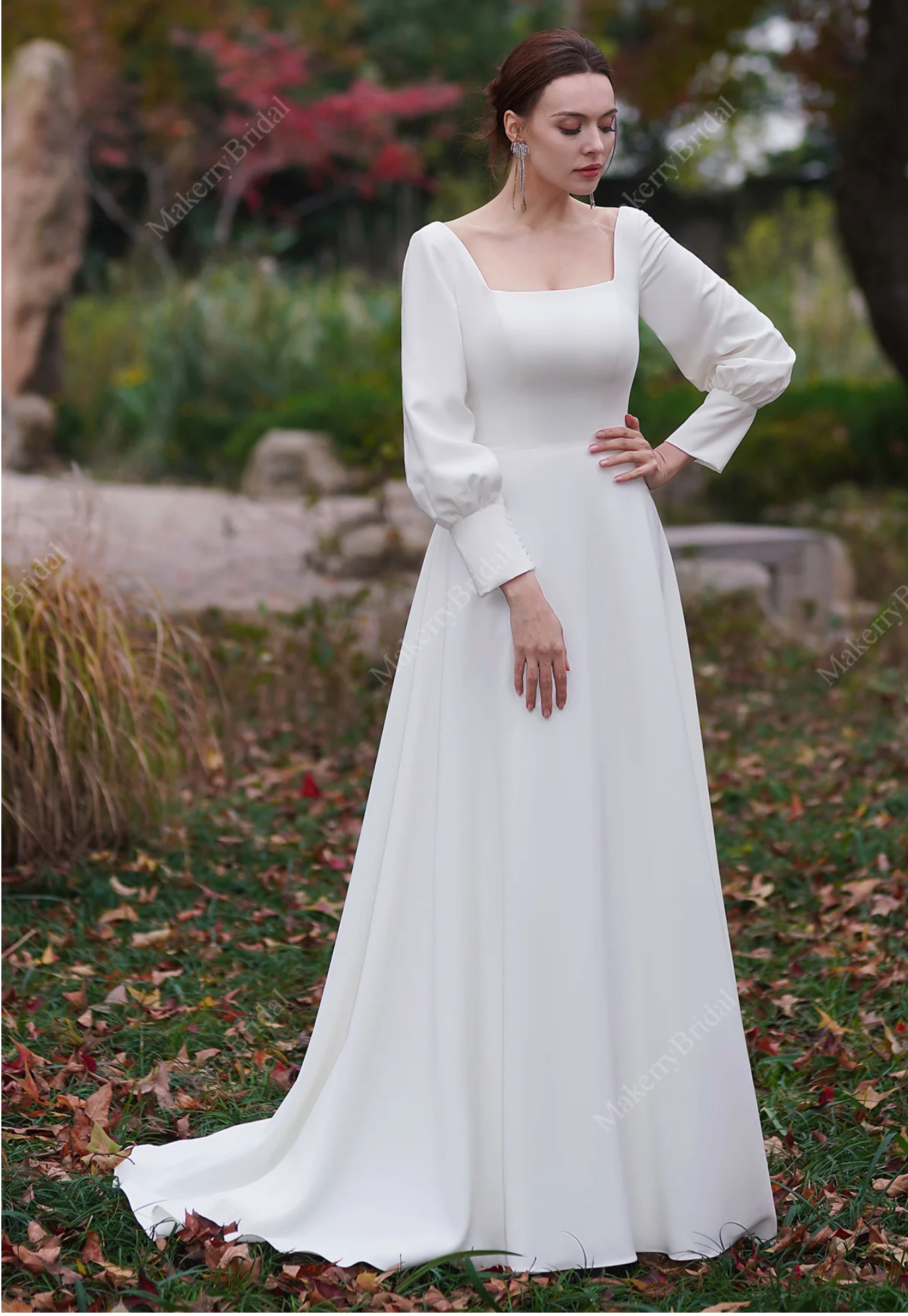 Wedding Dress Long Sleeve A-Line Floor Length Bridal Gown, This minimalist, modest wedding gown features long sleeves and a fitted bodice with a square neckline 