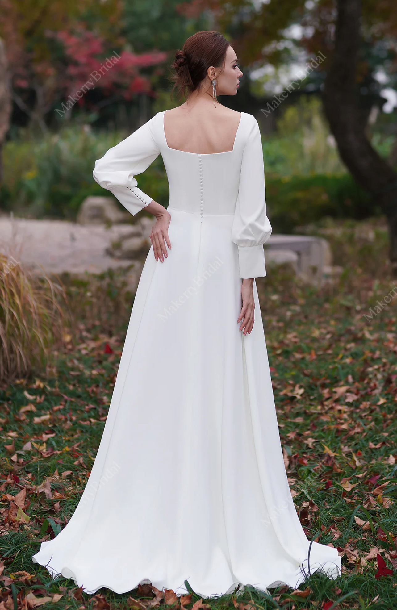 Wedding Dress Long Sleeve A-Line Floor Length Bridal Gown, This minimalist, modest wedding gown features long sleeves and a fitted bodice with a square neckline 