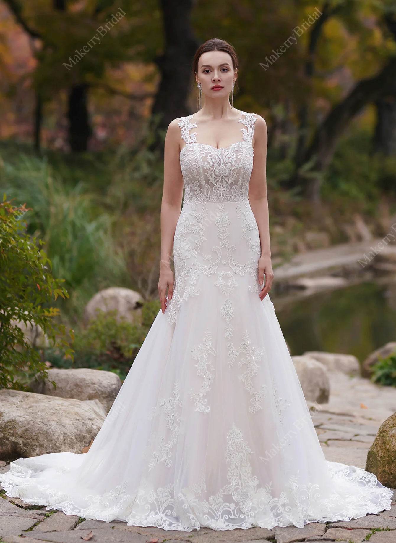 Wedding Dress Lace Tulle Mermaid Bridal Gown With Train, Featuring a sheer bodice with a sweetheart neckline and a button-up back, this dress exudes understated elegance