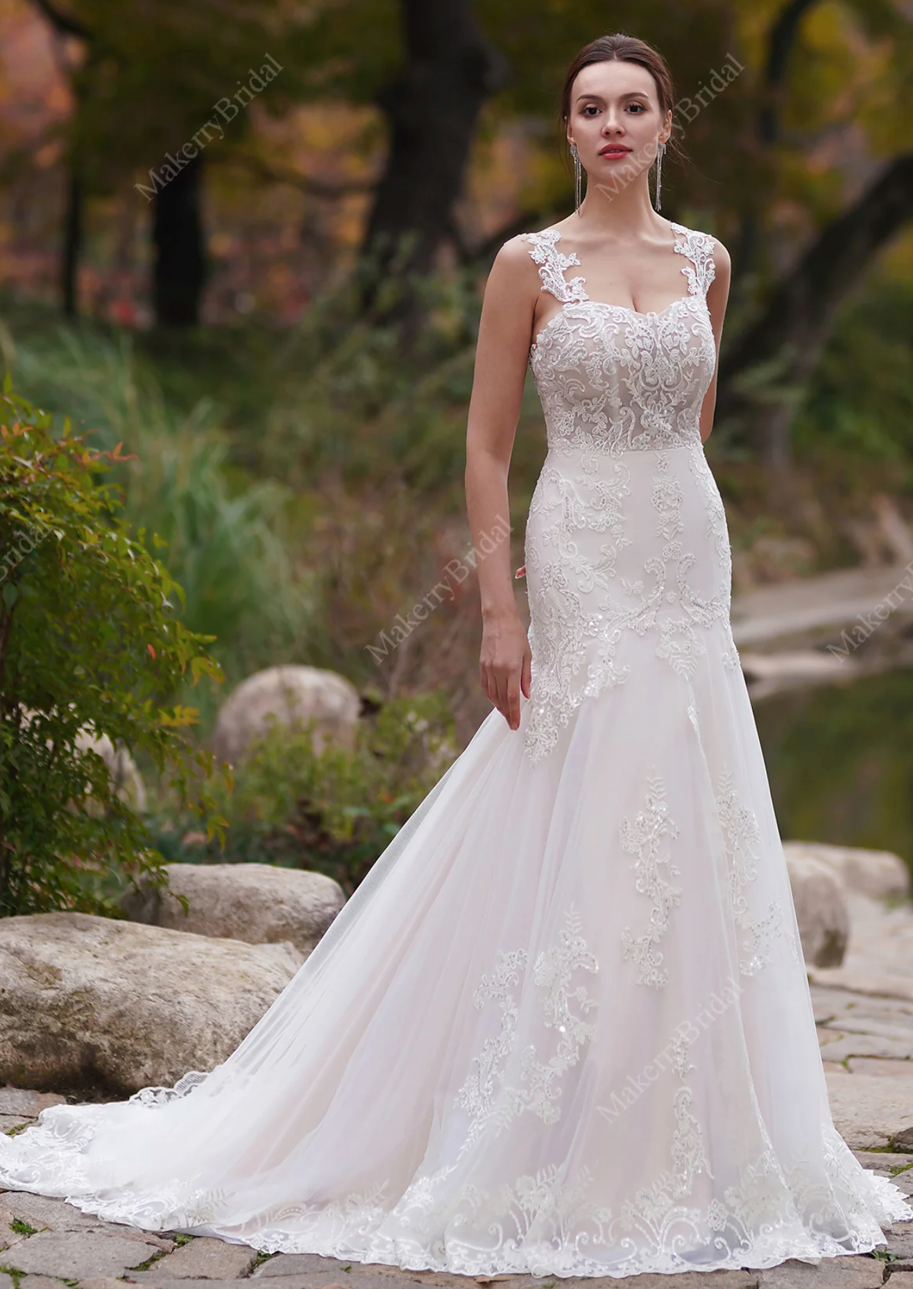 Wedding Dress Lace Tulle Mermaid Bridal Gown With Train, Featuring a sheer bodice with a sweetheart neckline and a button-up back, this dress exudes understated elegance