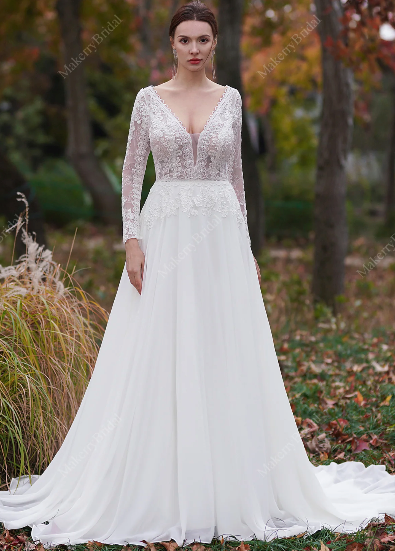 Wedding Dress A-Line Lace Chiffon Bridal Gown With Train