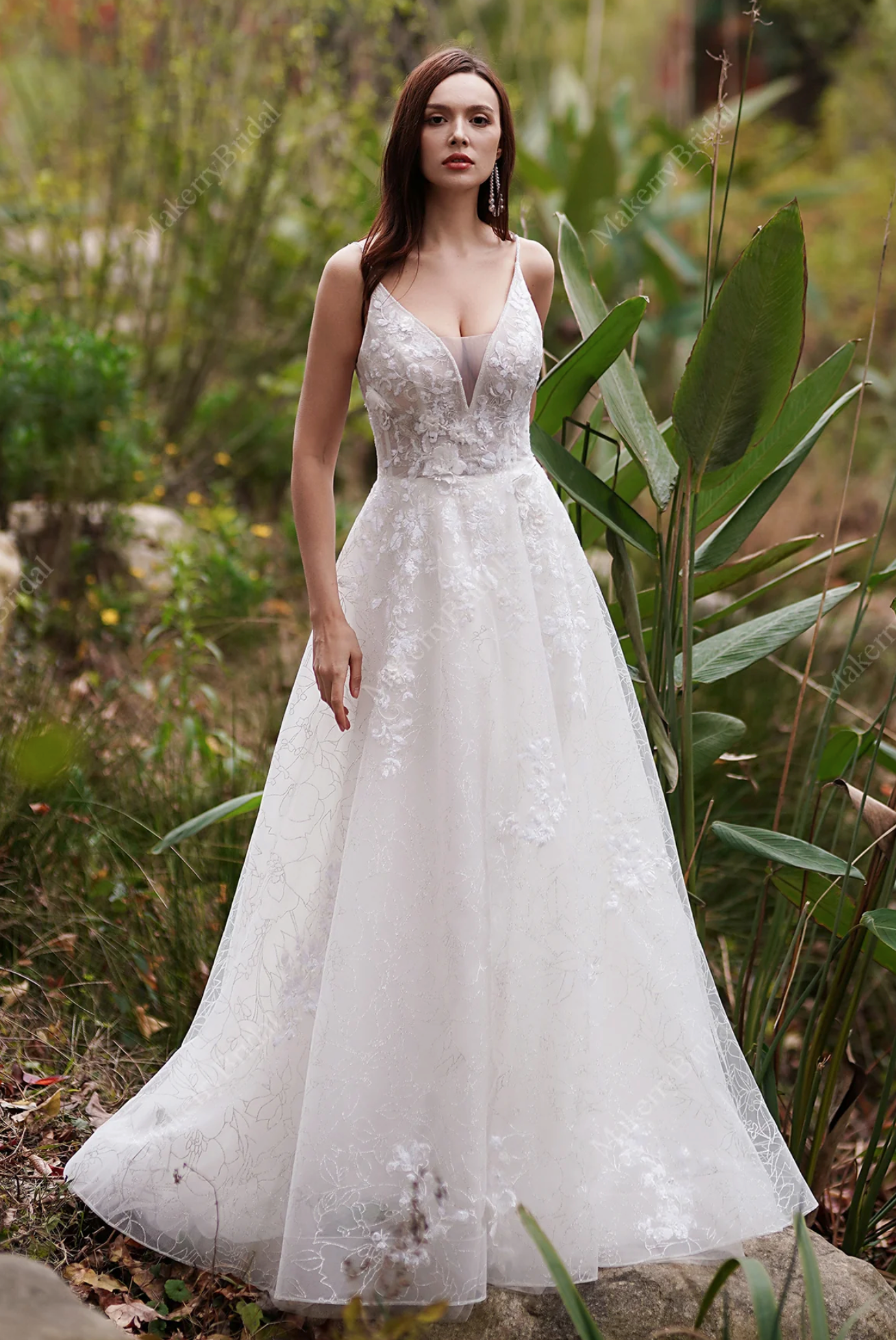 Wedding Dress Sequined Floral Tulle Bridal Gown With Train