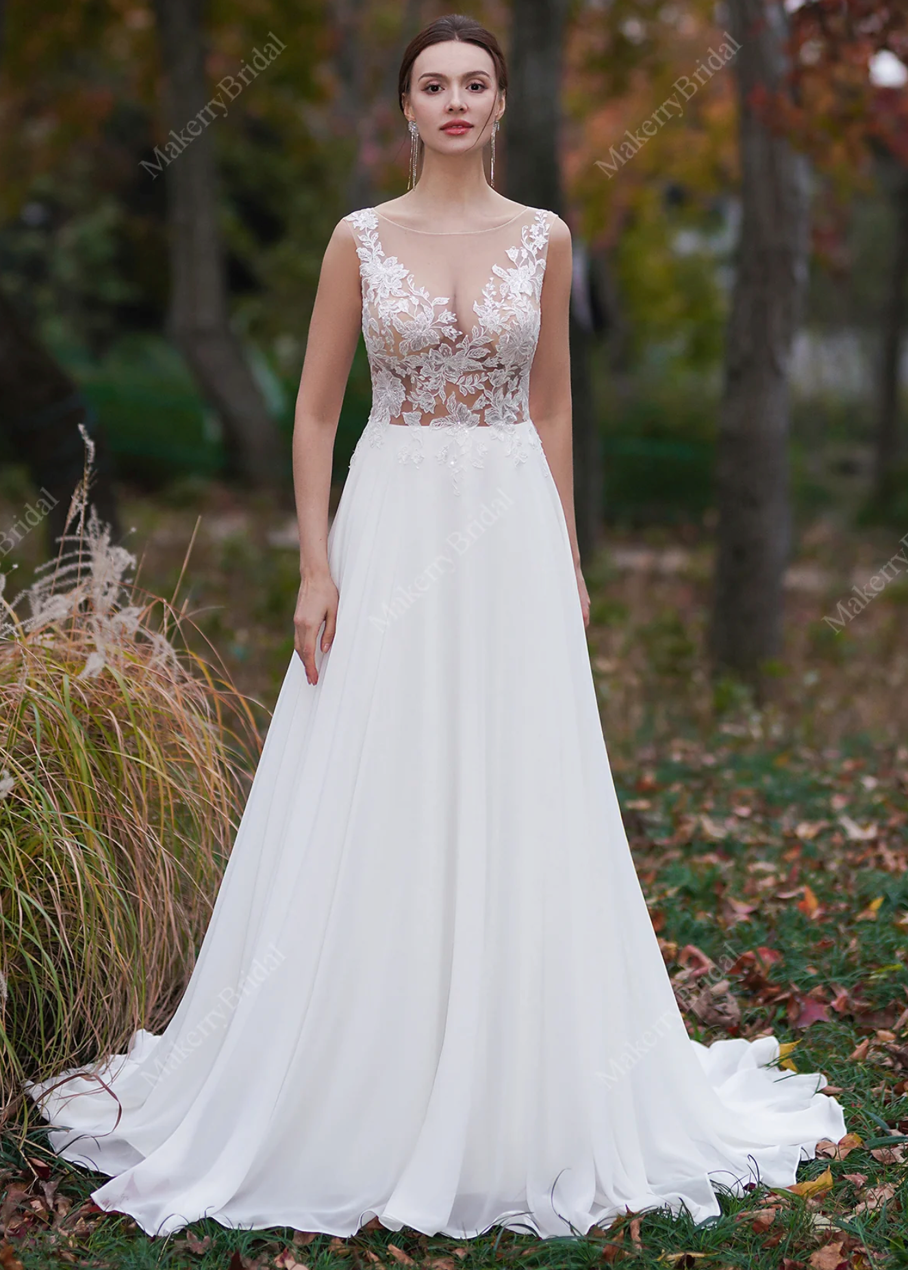 Wedding Dress Sheer Lace Tulle Beach Bridal Gown With Train