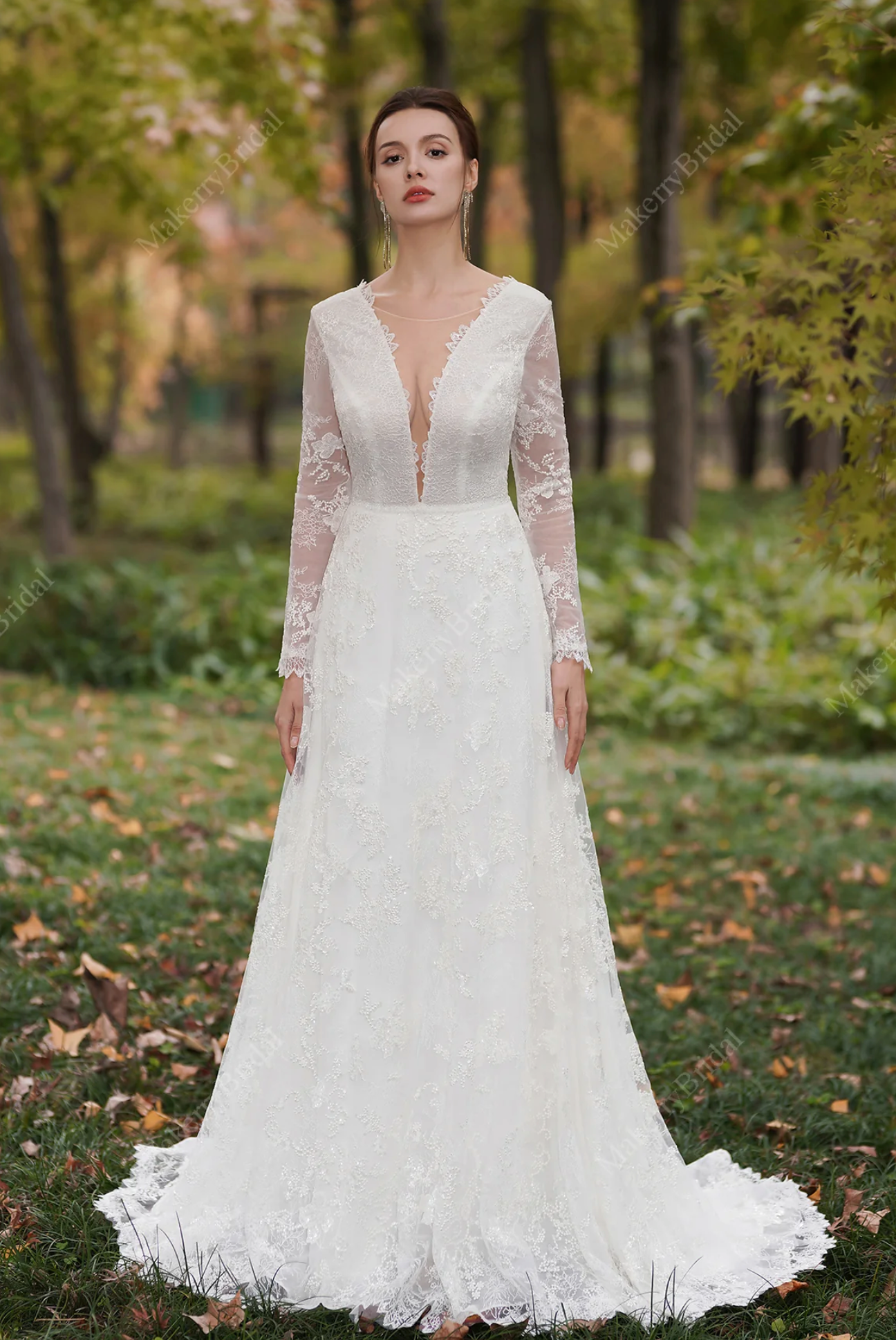 Wedding Dress Floral Lace With Long Sleeves And Train