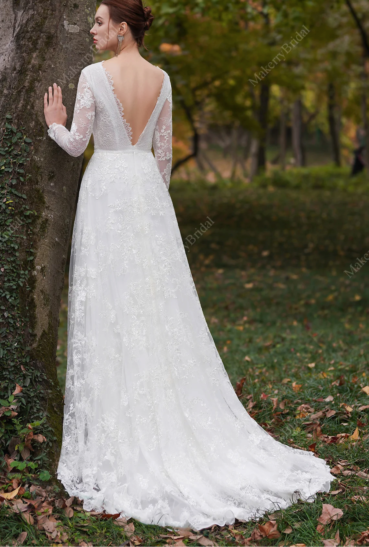 Wedding Dress Floral Lace With Long Sleeves And Train