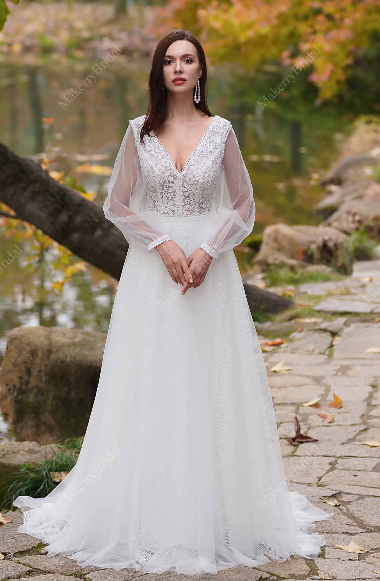 Wedding Dress Boho Lace With Long Sleeves And Lace Bridal Gown, with long sleeves features delicate beading and intricate embroidery reminiscent of a fairy tale