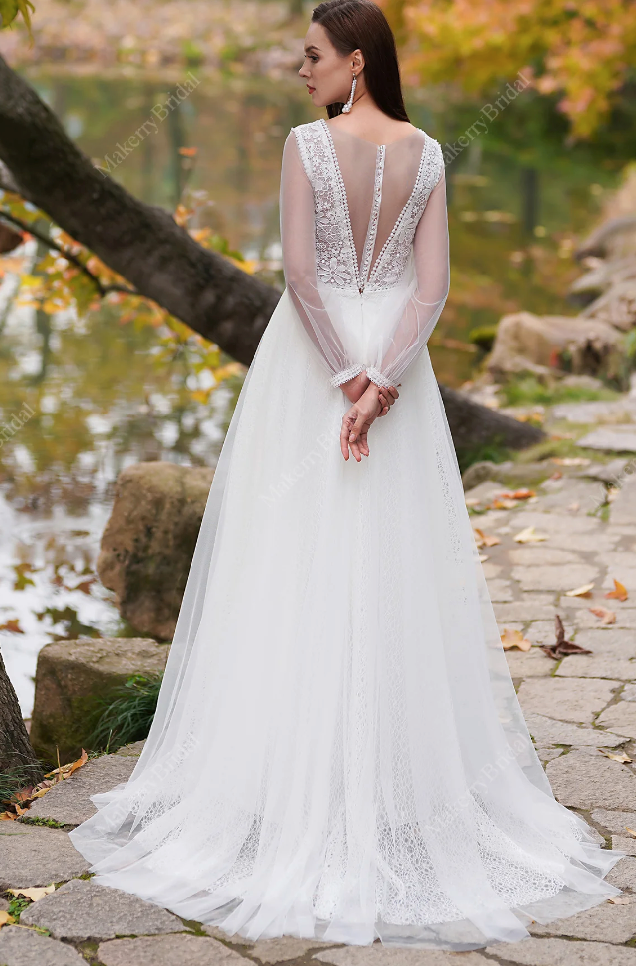 Wedding Dress Boho Lace With Long Sleeves And Lace Bridal Gown, with long sleeves features delicate beading and intricate embroidery reminiscent of a fairy tale