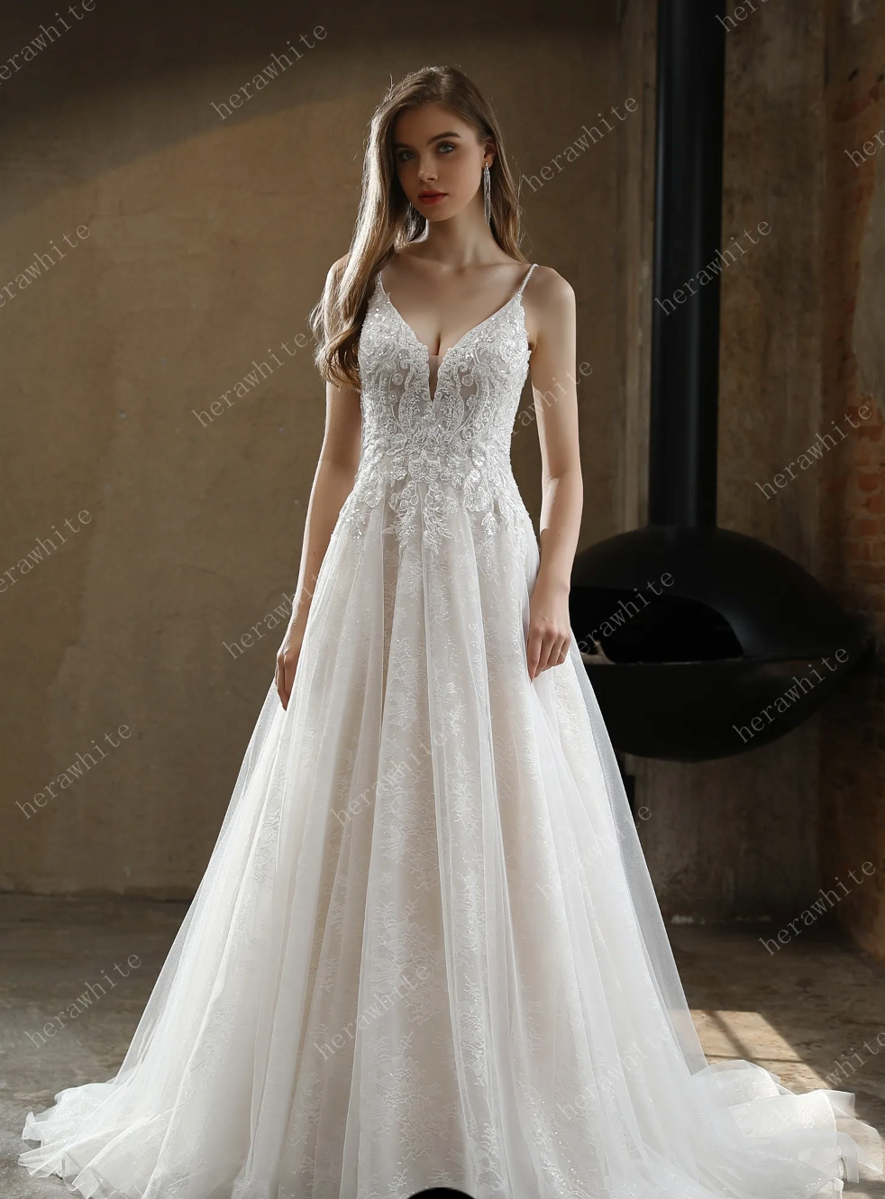 Organza A Line Wedding Dress Beaded Lace Bridal Gown, intricate beaded lace bridal wedding gown featuring an a-line form with plunge V neckline and beaded lace cascading