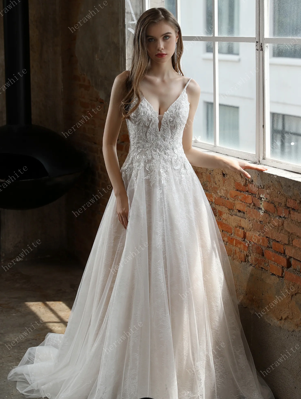Organza A Line Wedding Dress Beaded Lace Bridal Gown, intricate beaded lace bridal wedding gown featuring an a-line form with plunge V neckline and beaded lace cascading