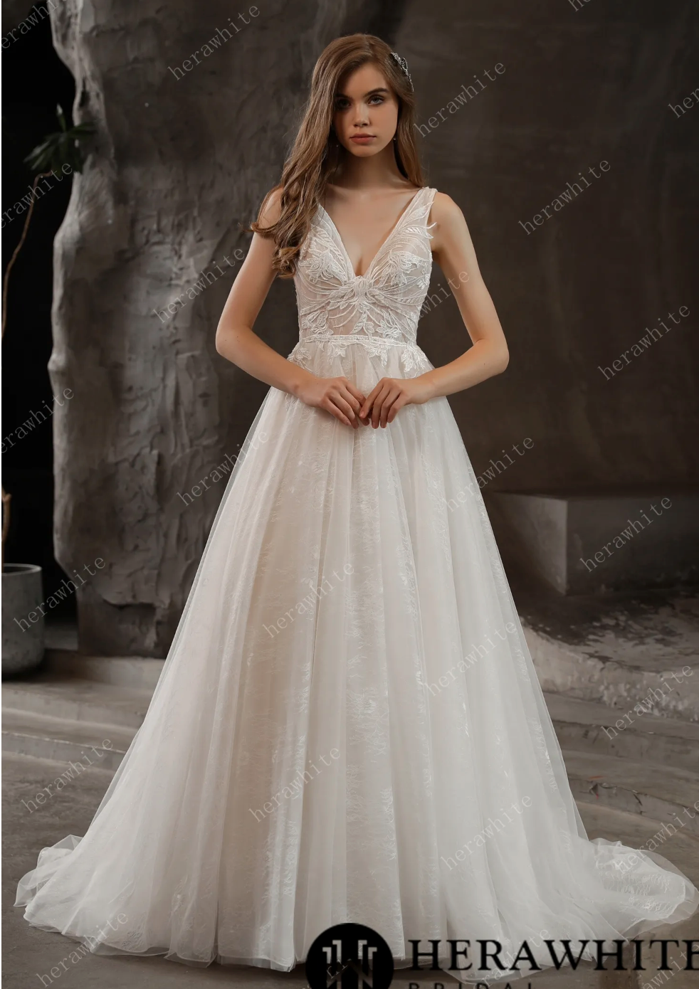Lace Tulle A Line Wedding Dress V Neck Bridal Gown,  add a little romance and sweet to your look with this classic tulle wedding dress. 