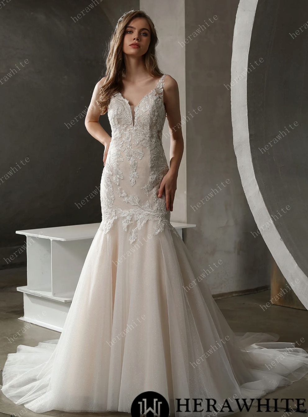 Tulle Mermaid Wedding Dress Beaded Lace Bridal Gown, this artful mermaid wedding dress is stunning in all the right places