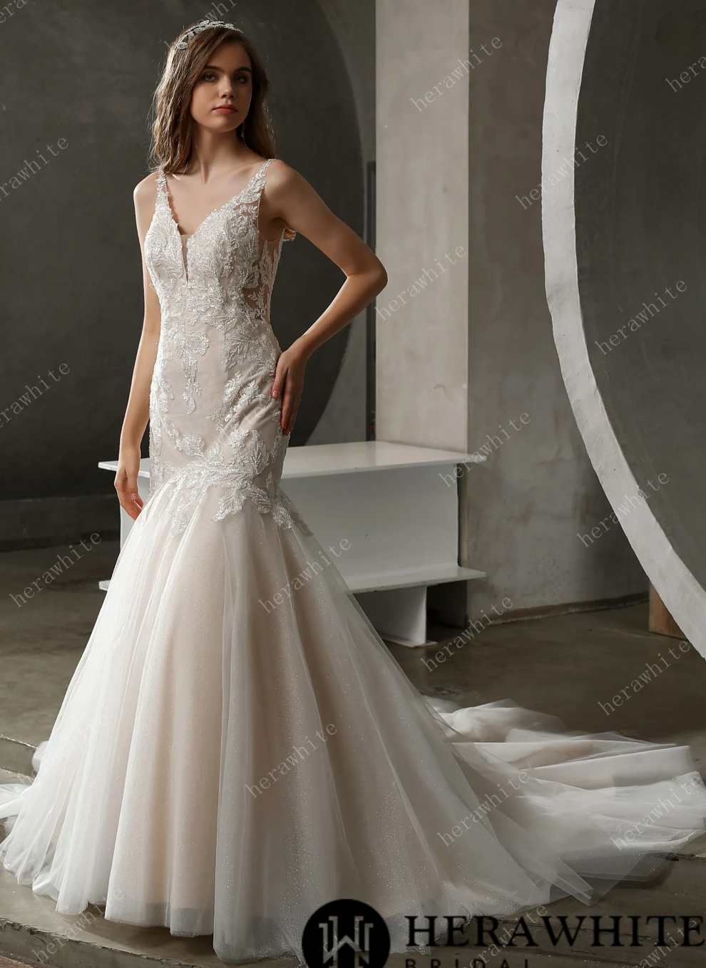 Tulle Mermaid Wedding Dress Beaded Lace Bridal Gown, this artful mermaid wedding dress is stunning in all the right places